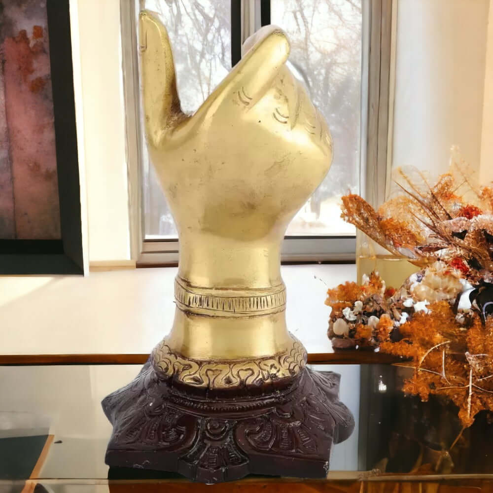 Brass Hand Shape Decorative Showpiece With Pen Holder - 16 cm (Brass, Gold) - Royalstuffs.com