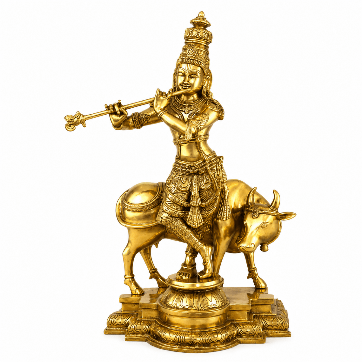Brass Krishna with His Cow, Golden Color,Height:25 Inch,Weight:23.5 Kg. - Royalstuffs.com