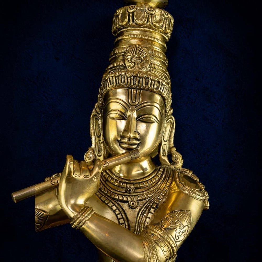 Brass Krishna with His Cow, Golden Color,Height:25 Inch,Weight:23.5 Kg. - Royalstuffs.com