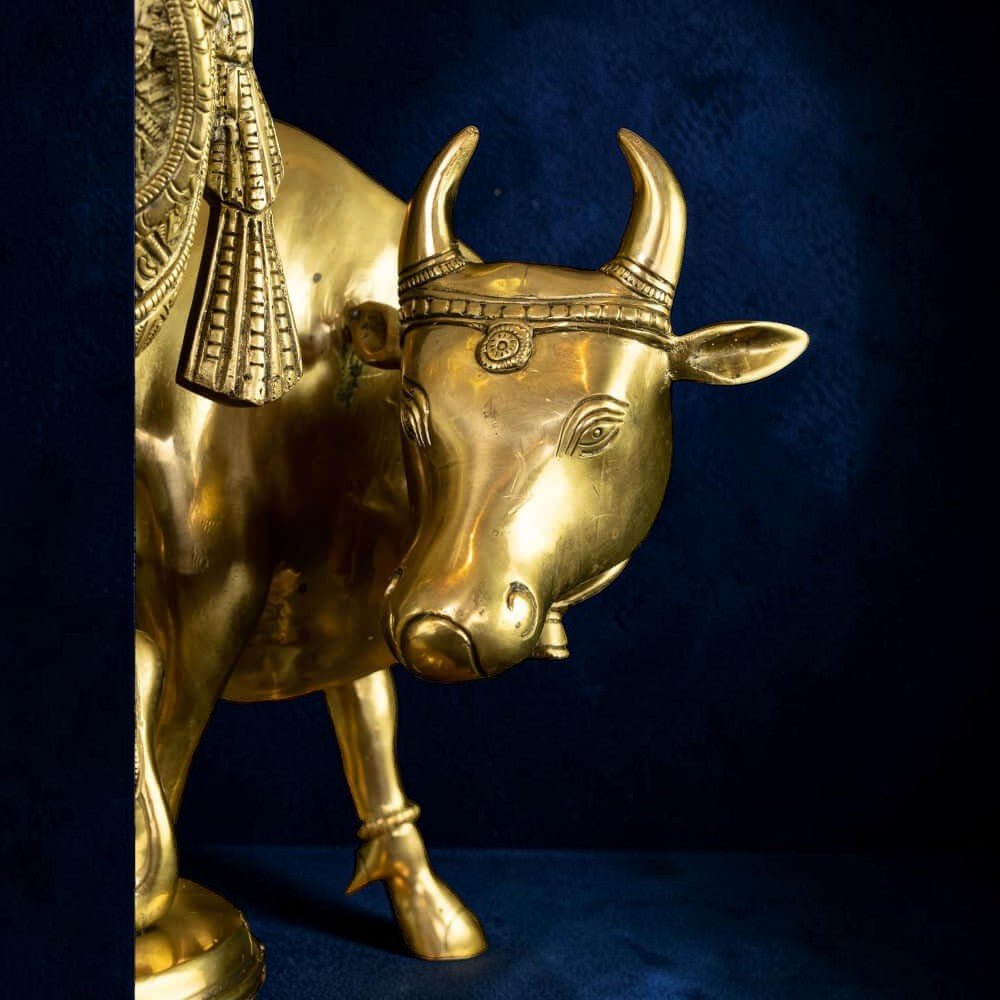 Brass Krishna with His Cow, Golden Color,Height:25 Inch,Weight:23.5 Kg. - Royalstuffs.com