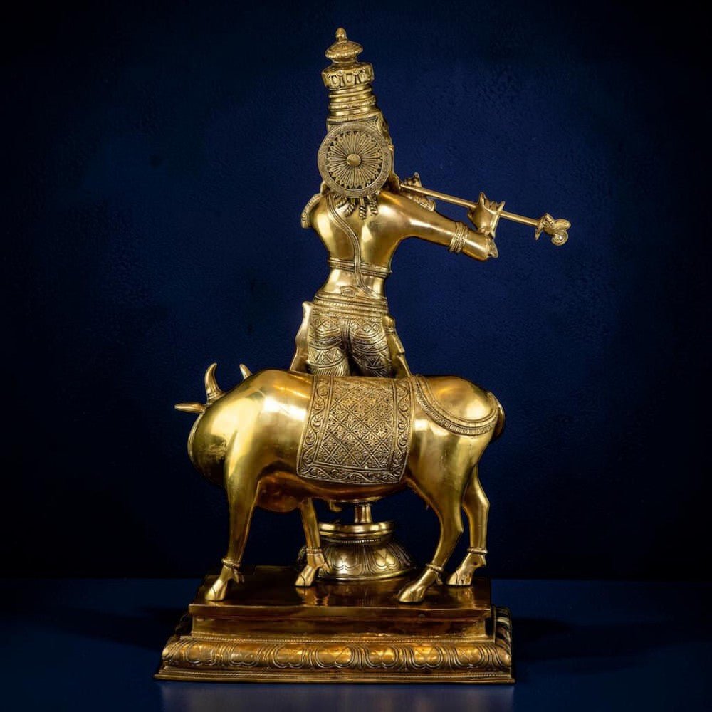 Brass Krishna with His Cow, Golden Color,Height:25 Inch,Weight:23.5 Kg. - Royalstuffs.com