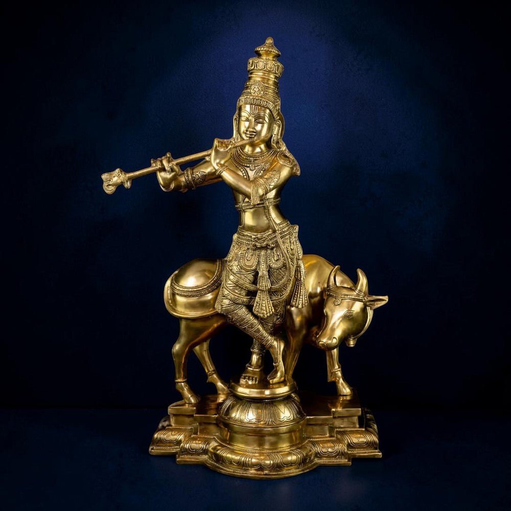 Brass Krishna with His Cow, Golden Color,Height:25 Inch,Weight:23.5 Kg. - Royalstuffs.com