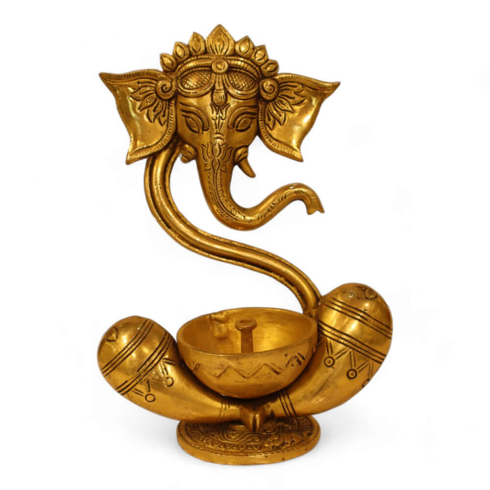 Brass Lord Ganesh Diya Stand Incense Burner and Diya Jyoti Deepak Oil Lamp - Royalstuffs.com