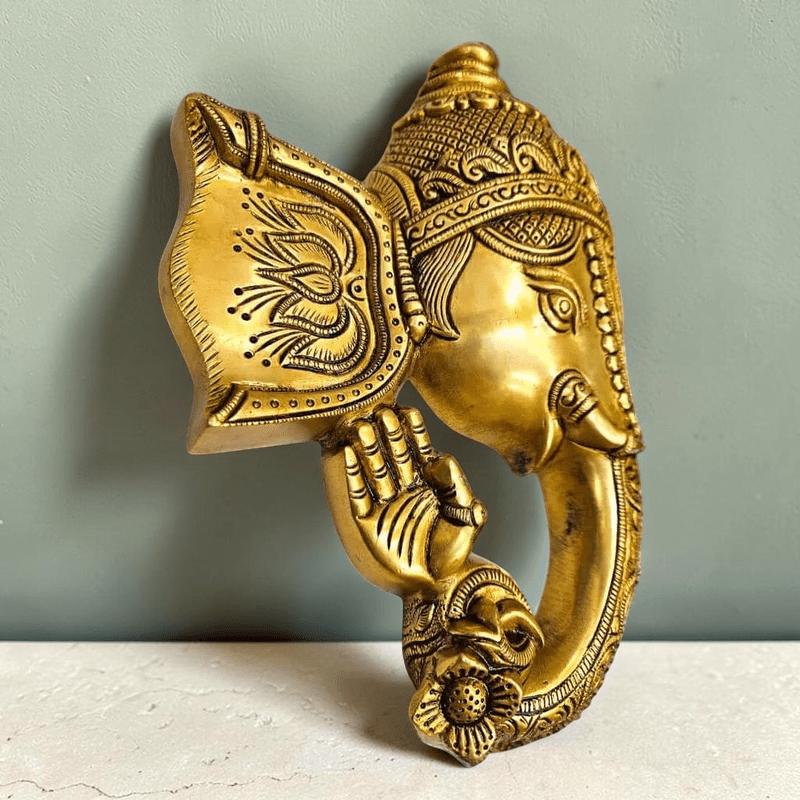 Brass Lord Ganesha Mask Wall Hanging (Height: 11 inches) - Royalstuffs.com