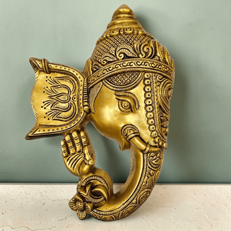 Brass Lord Ganesha Mask Wall Hanging (Height: 11 inches) - Royalstuffs.com