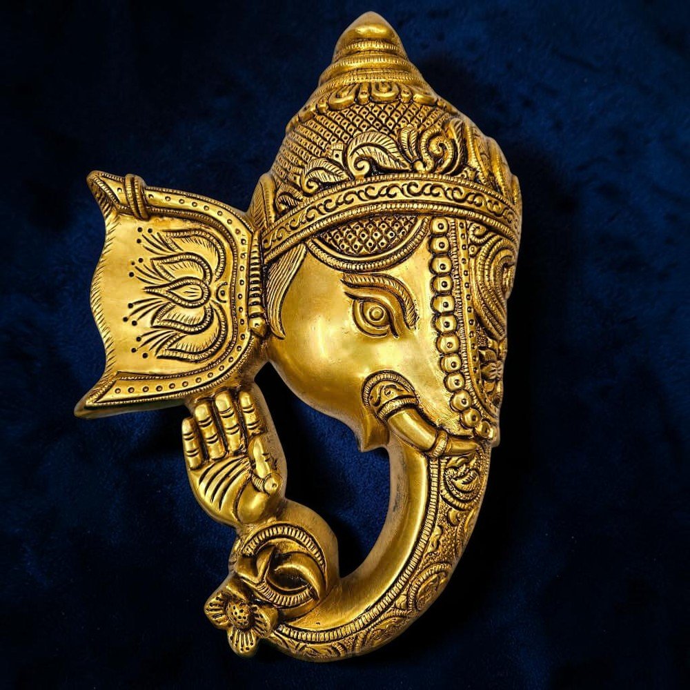 Brass Lord Ganesha Mask Wall Hanging (Height: 11 inches) - Royalstuffs.com