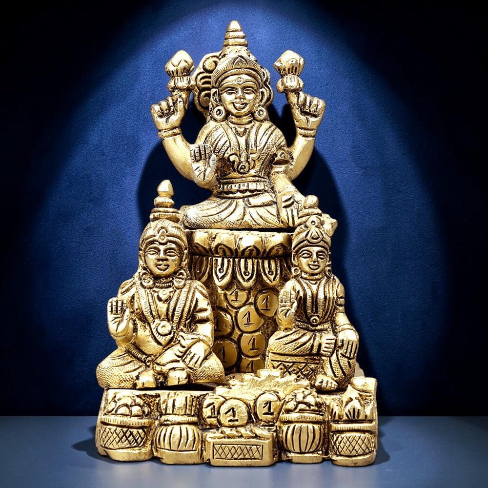 Brass Lord Kubera with Goddess Lakshmi and Ridhhi Idol Murti (One Piece) - Royalstuffs.com