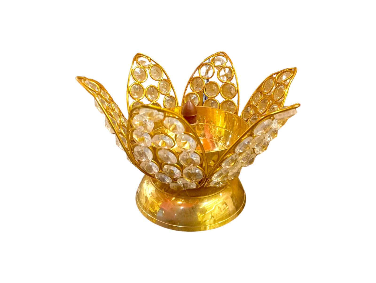 Brass Lotus Kamal Shape Akhand Crystal Diya - 4 Inch - Royalstuffs.com