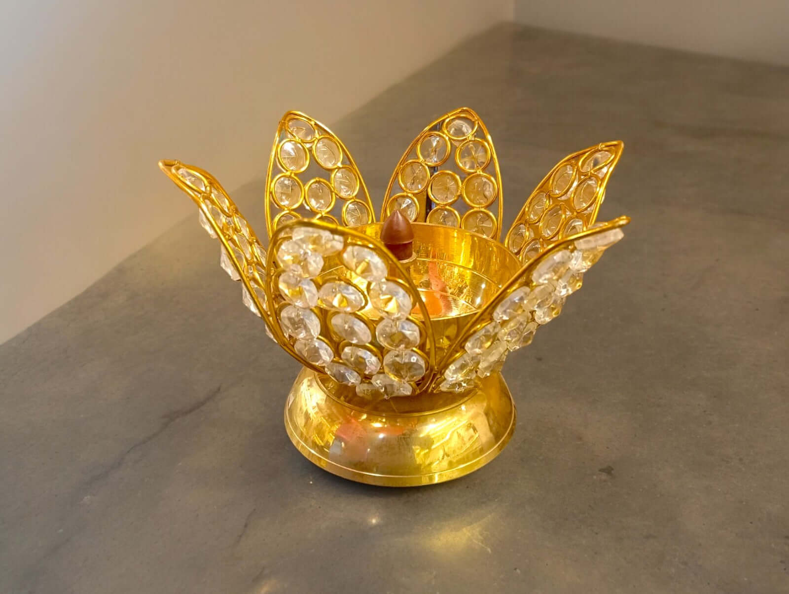 Brass Lotus Kamal Shape Akhand Crystal Diya - 4 Inch - Royalstuffs.com