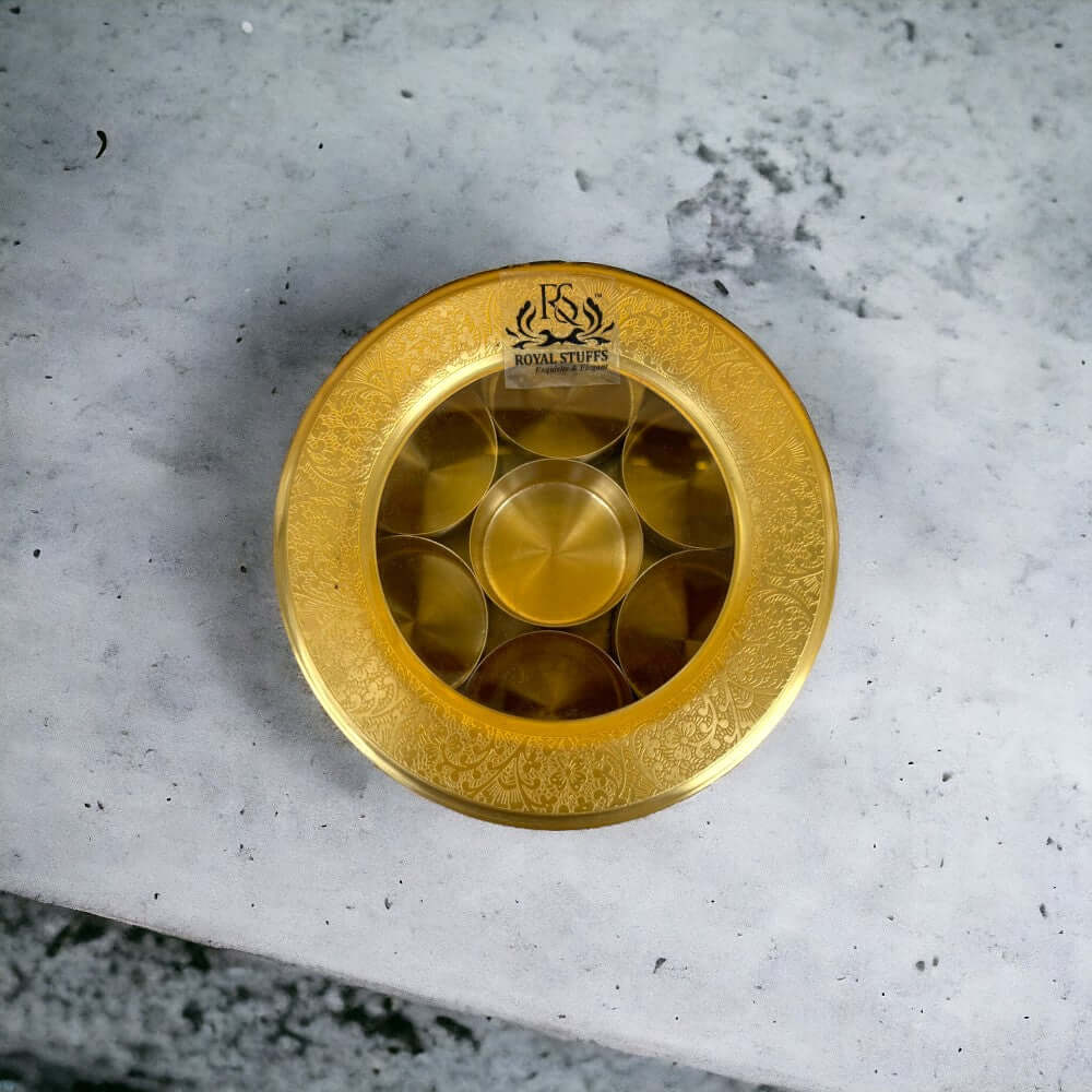 Brass Masala Dani Indian Spice Box with Brass and Glass Cover and Spoon 7 Containers For Kitchen medium size - Royalstuffs.com
