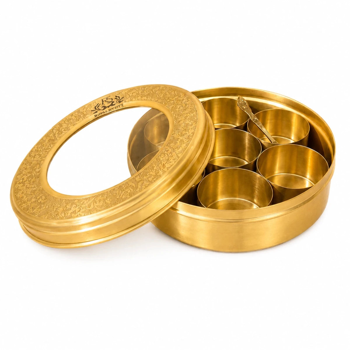 Brass Masala Dani Indian Spice Box with Brass and Glass Cover and Spoon 7 Containers For Kitchen medium size - Royalstuffs.com