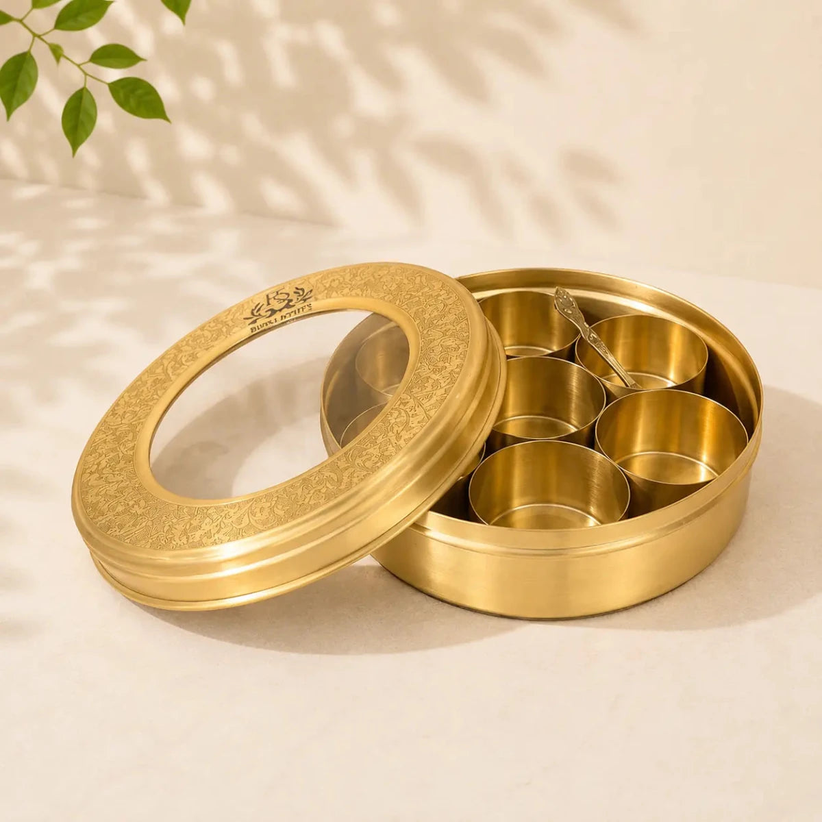 Brass Masala Dani Indian Spice Box with Brass and Glass Cover and Spoon 7 Containers For Kitchen medium size - Royalstuffs.com