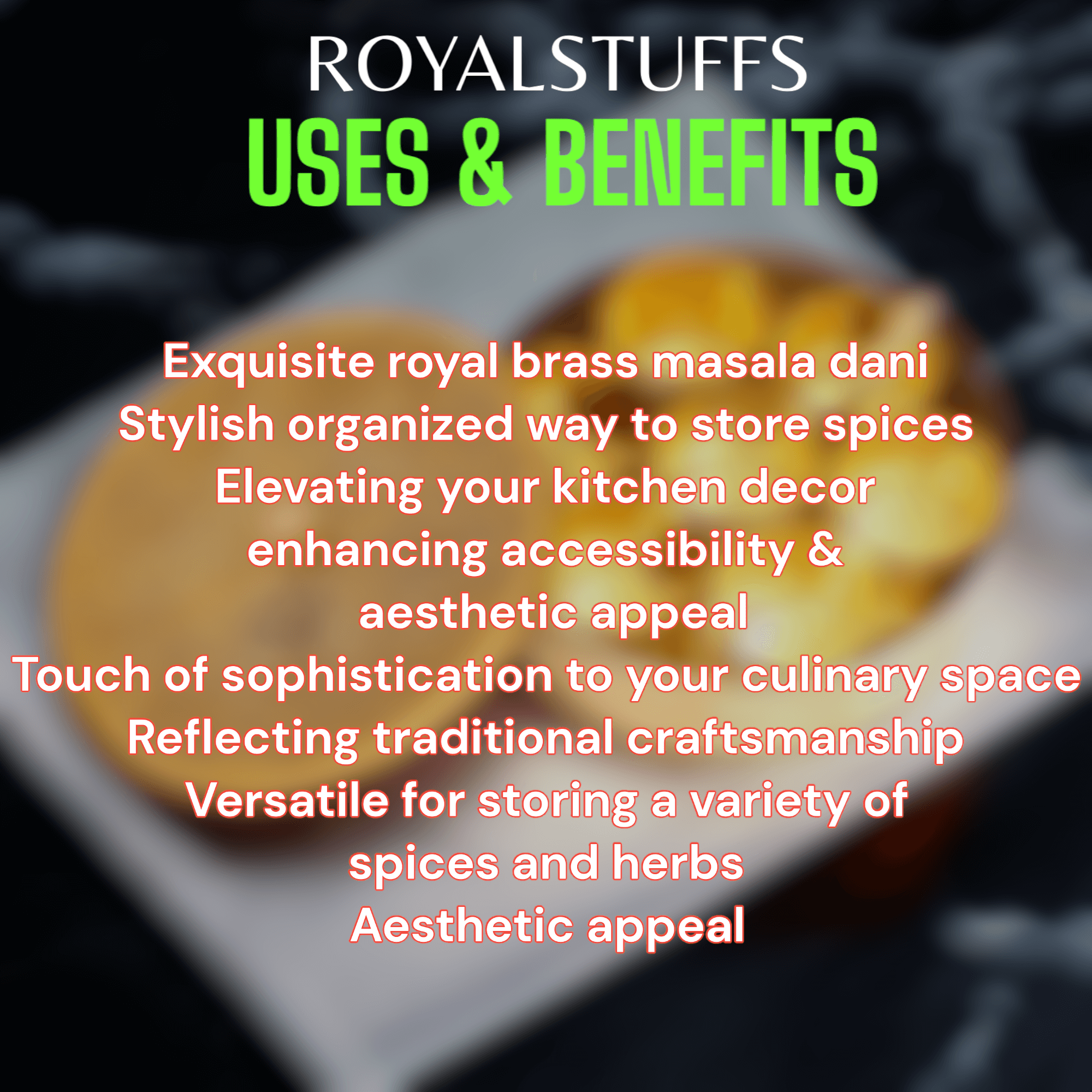 Brass Masala Dani Indian Spice Box with Brass and Glass Cover and Spoon 7 Containers For Kitchen medium size - Royalstuffs.com