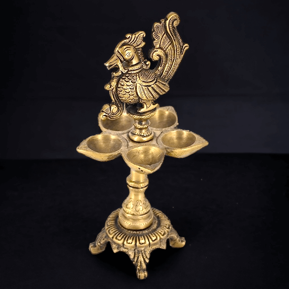 Brass Peacock Design 5 Oil Wick Diya (9.5 inches) - Royalstuffs.com