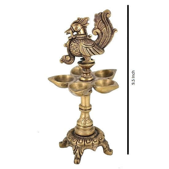 Brass Peacock Design 5 Oil Wick Diya (9.5 inches) - Royalstuffs.com