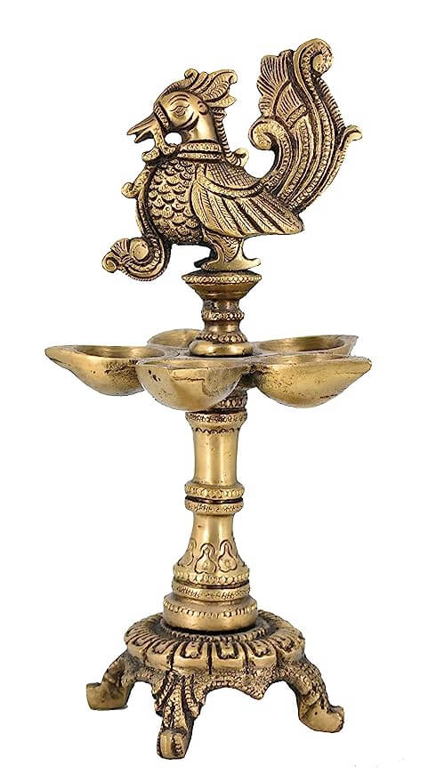 Brass Peacock Design 5 Oil Wick Diya (9.5 inches) - Royalstuffs.com