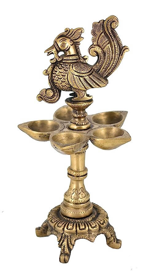 Brass Peacock Design 5 Oil Wick Diya (9.5 inches) - Royalstuffs.com