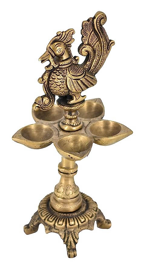 Brass Peacock Design 5 Oil Wick Diya (9.5 inches) - Royalstuffs.com