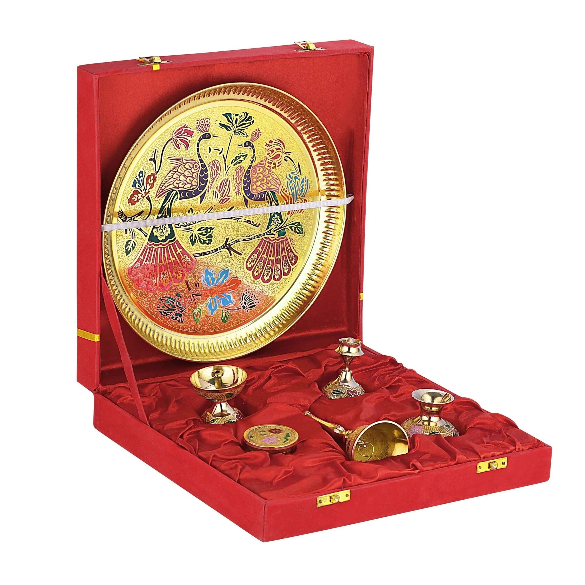 Brass Peacock Pooja Thali Set with Velvet Box - Royalstuffs.com