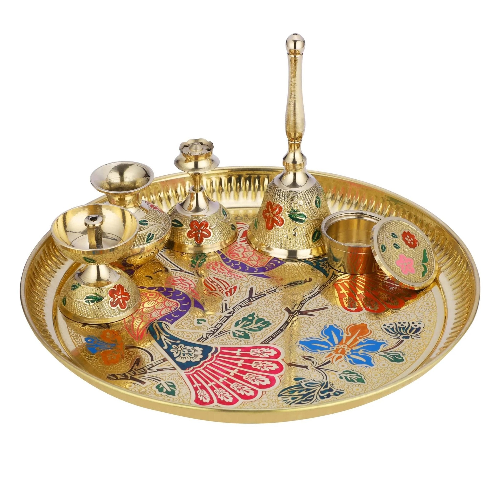 Brass Peacock Pooja Thali Set with Velvet Box - Royalstuffs.com
