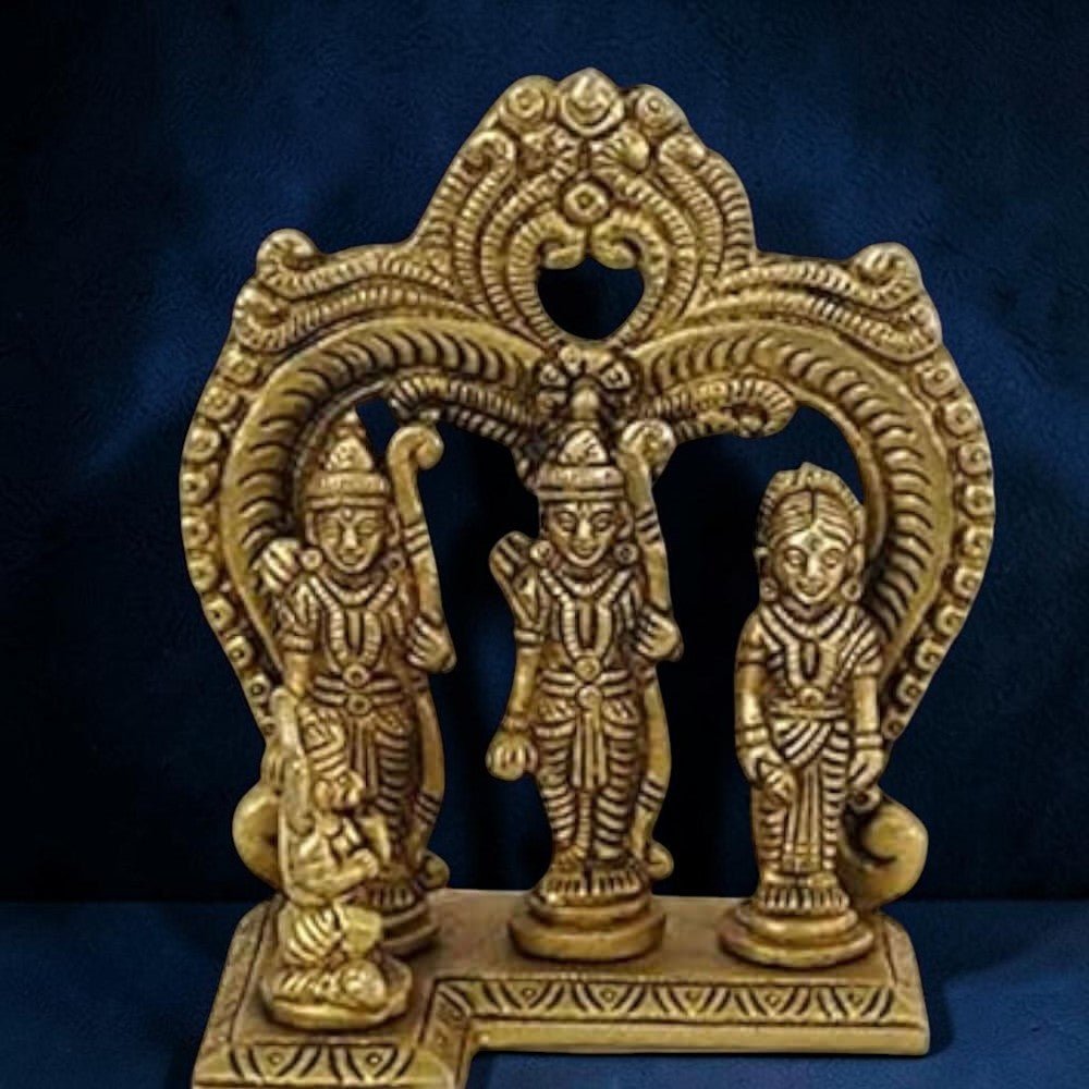 Angled View of Brass Ram Darbar with Kaman Idol for Home Temple