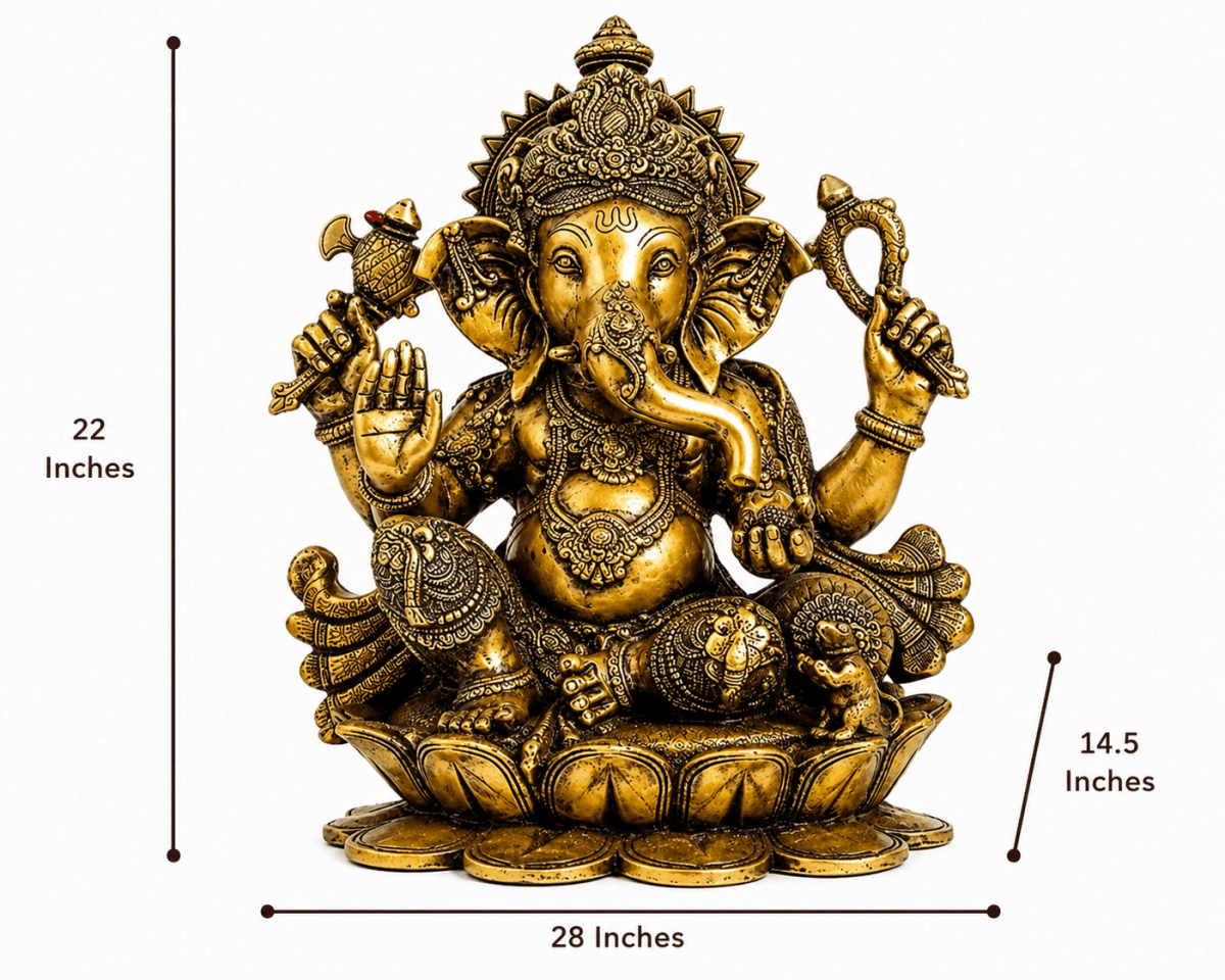 Brass Statue 22" Large Size Lord Ganesha Seated in Easy Posture on Lotus,Weight:28 Kg. - Royalstuffs.com