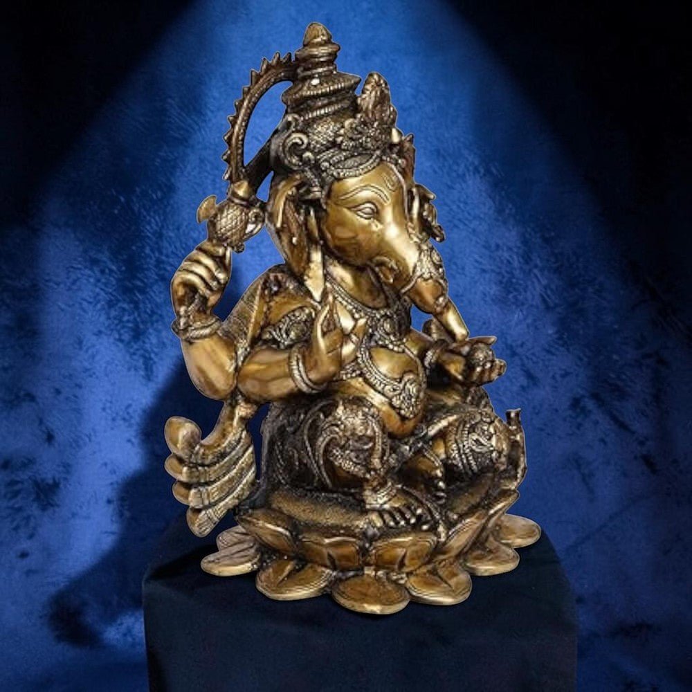 Brass Statue 22" Large Size Lord Ganesha Seated in Easy Posture on Lotus,Weight:28 Kg. - Royalstuffs.com