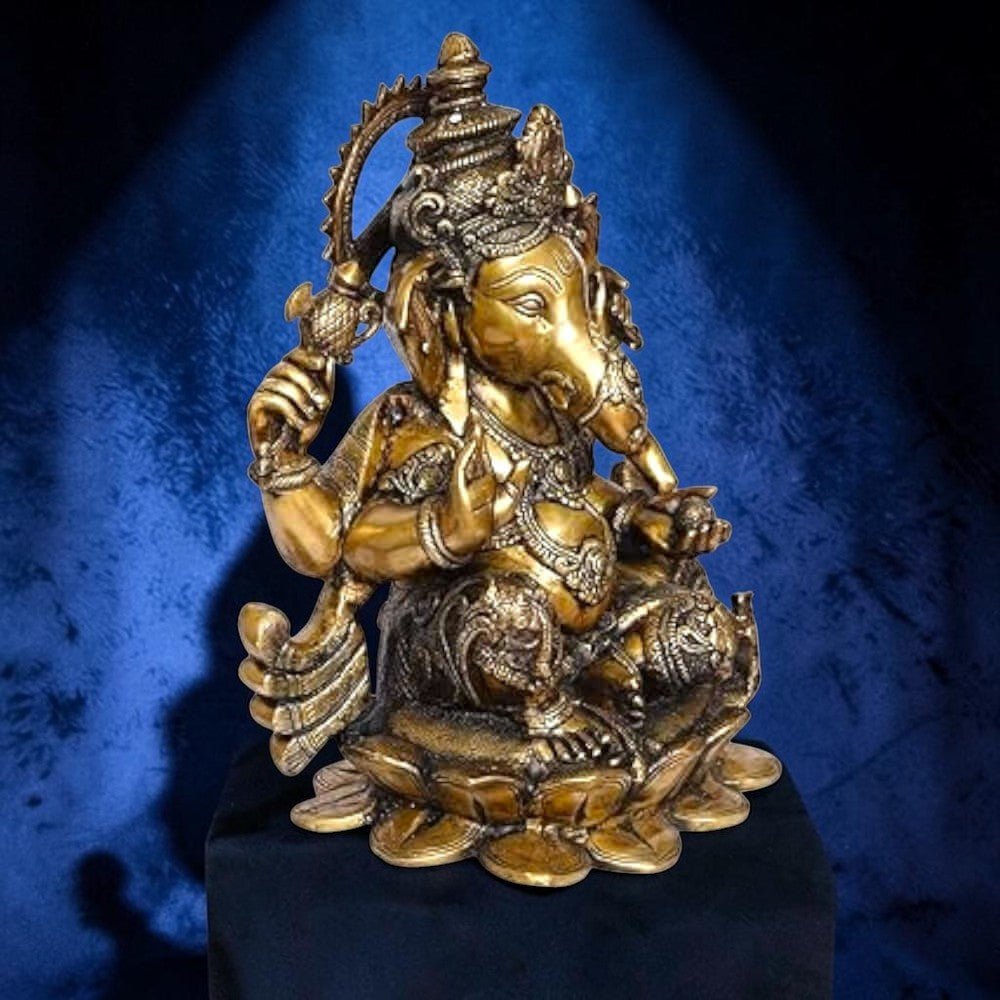 Brass Statue 22" Large Size Lord Ganesha Seated in Easy Posture on Lotus,Weight:28 Kg. - Royalstuffs.com