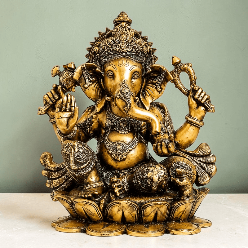 Brass Statue 22" Large Size Lord Ganesha Seated in Easy Posture on Lotus,Weight:28 Kg. - Royalstuffs.com