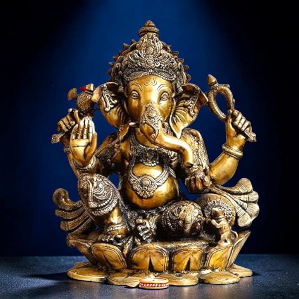 Brass Statue 22" Large Size Lord Ganesha Seated in Easy Posture on Lotus,Weight:28 Kg. - Royalstuffs.com