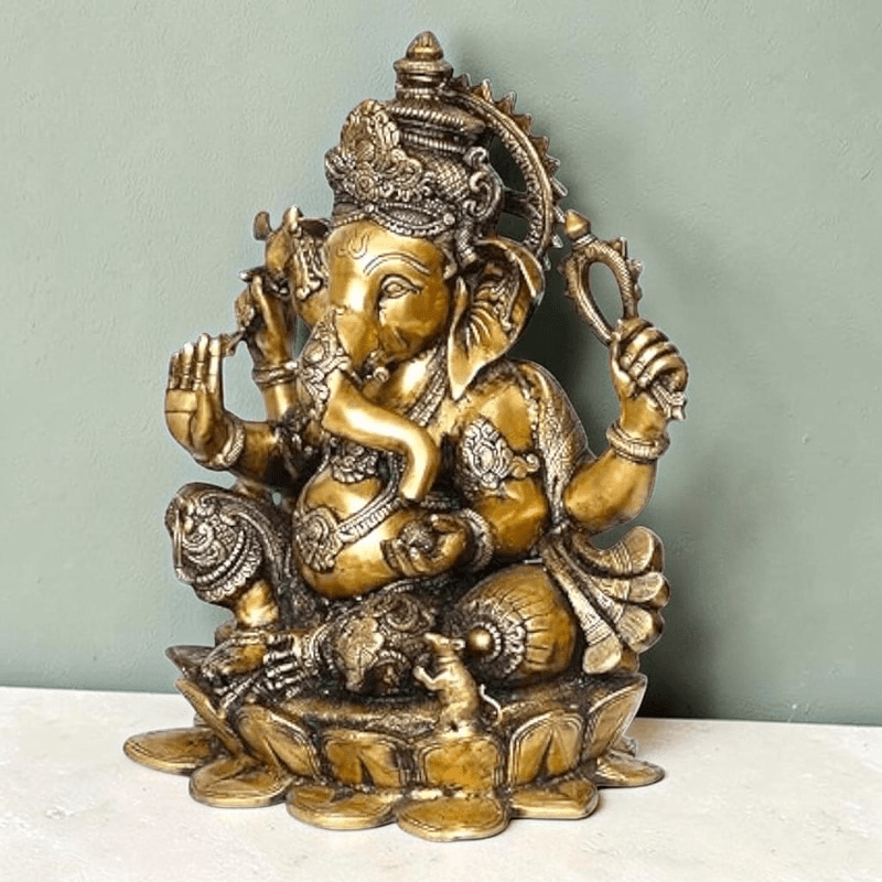 Brass Statue 22" Large Size Lord Ganesha Seated in Easy Posture on Lotus,Weight:28 Kg. - Royalstuffs.com