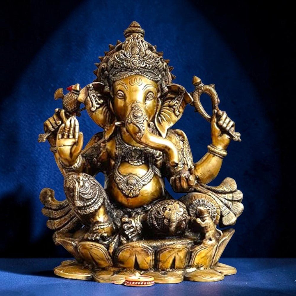 Brass Statue 22" Large Size Lord Ganesha Seated in Easy Posture on Lotus,Weight:28 Kg. - Royalstuffs.com