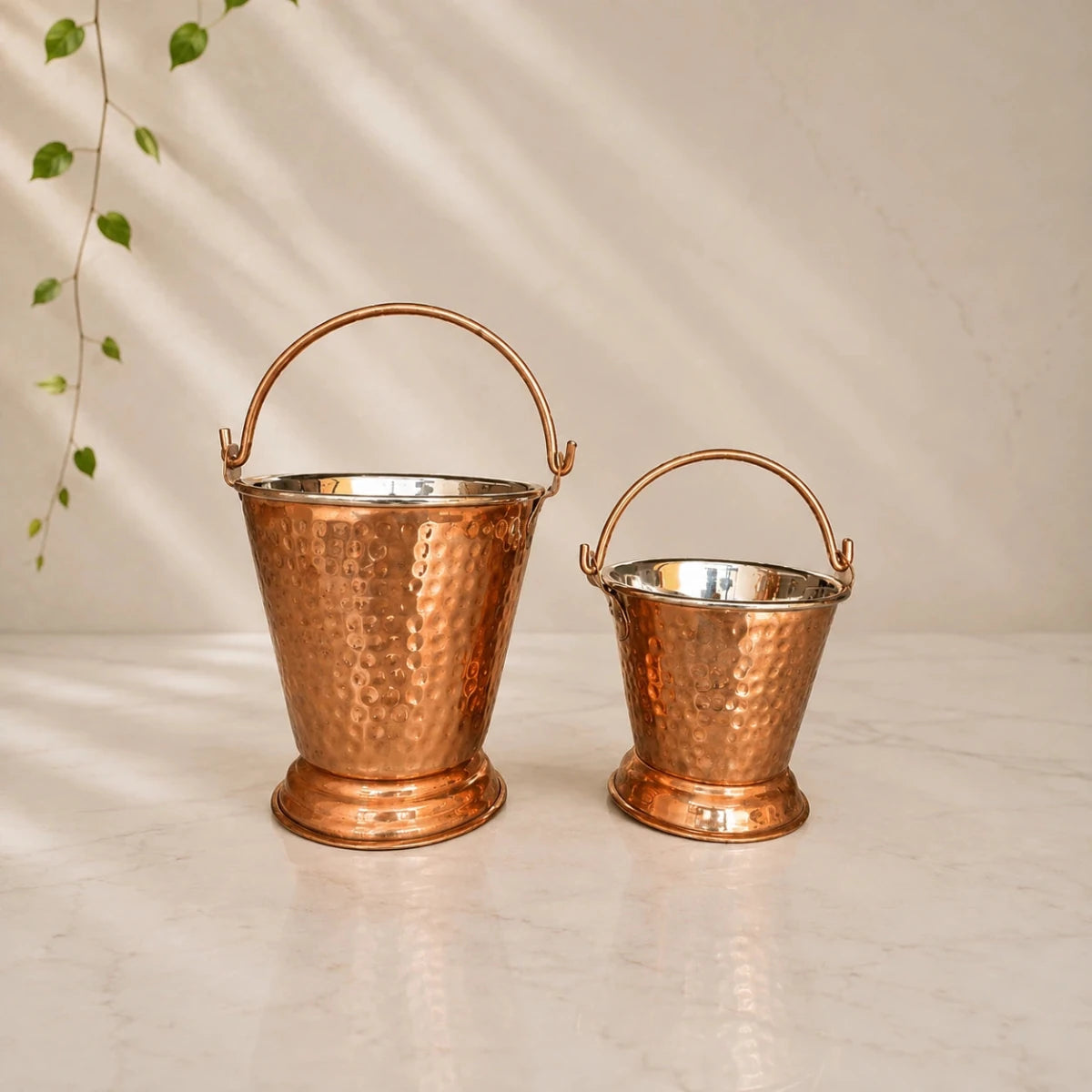 Bucket Set Of 2 Handmade Pure Steel Copper Bucket/Balti Hammered Design With Handle - Royalstuffs.com