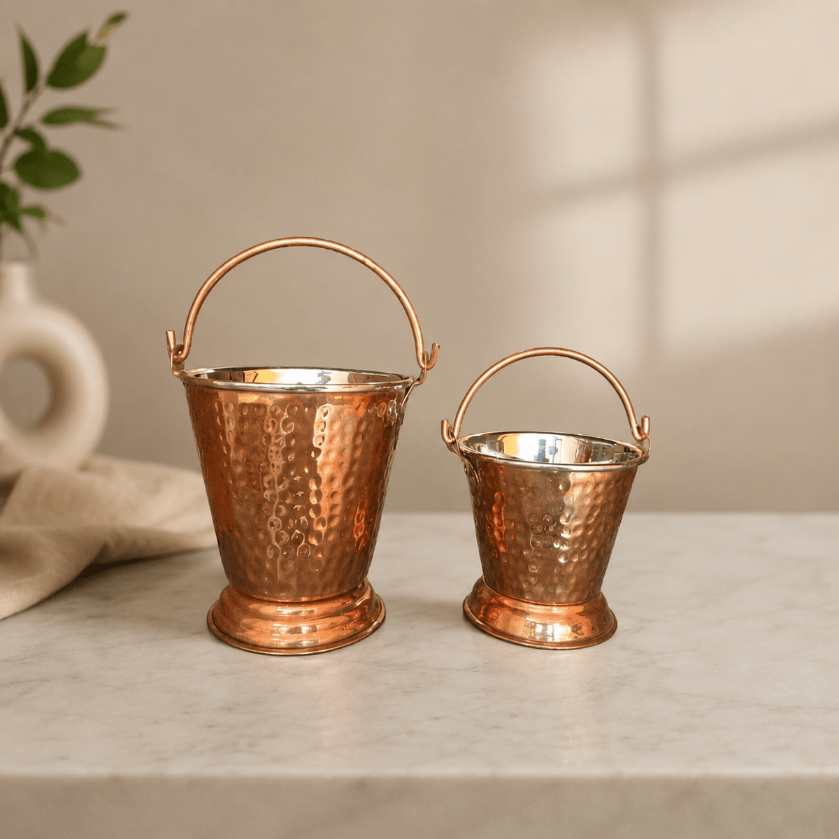 Bucket Set Of 2 Handmade Pure Steel Copper Bucket/Balti Hammered Design With Handle - Royalstuffs.com