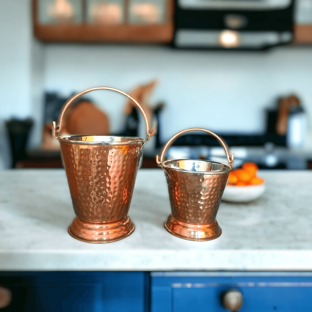 Bucket Set Of 2 Handmade Pure Steel Copper Bucket/Balti Hammered Design With Handle - Royalstuffs.com