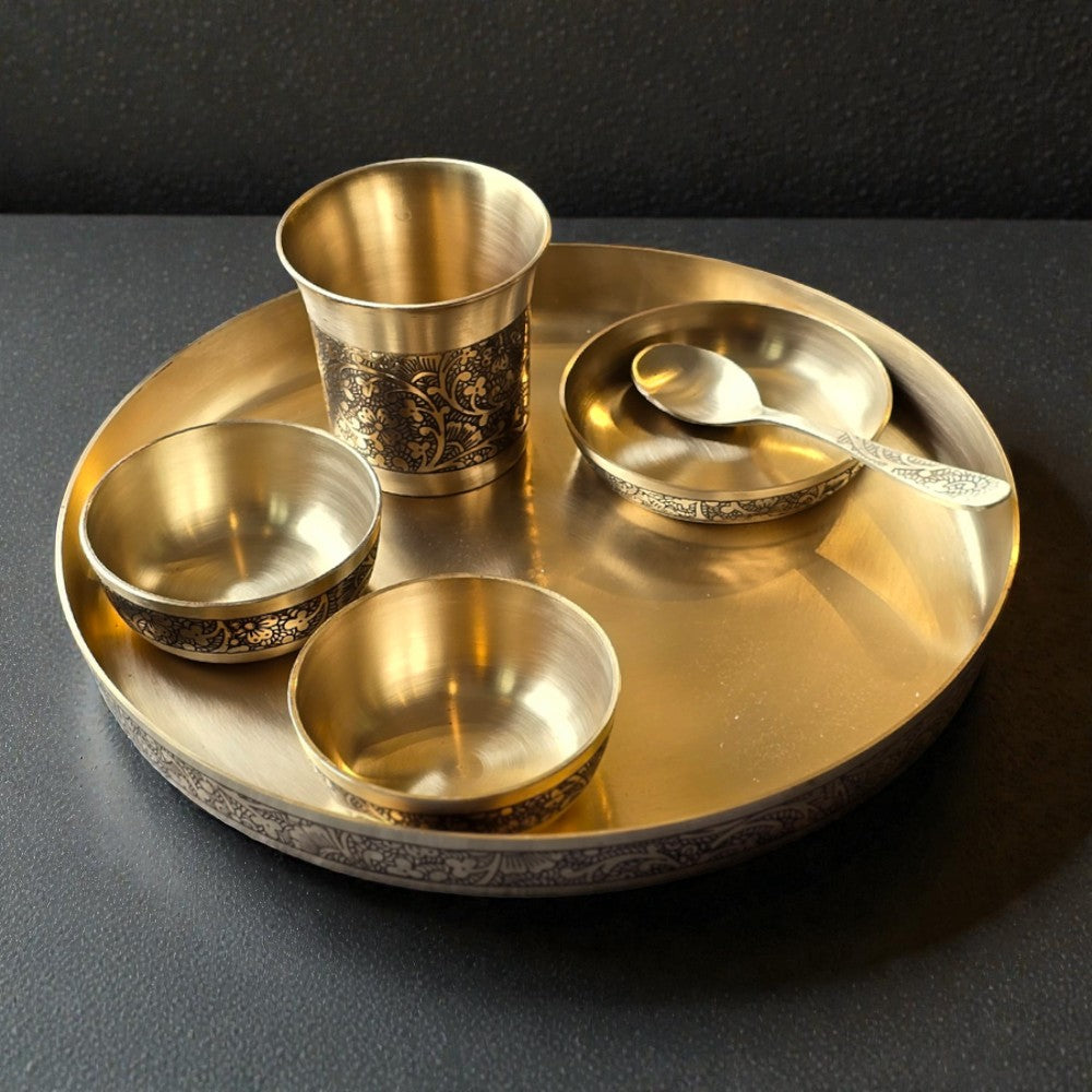 Matt 12Inch Kansa Utensil 6 Piece Embossed Designer Dinner Thali Set for Home Hotel Restaurant with 1 Dinner Plate, 2 Bowl, 1 Rice Plate, 1 Glass, & 1 Spoon