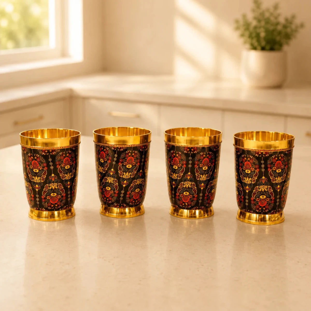 Colorful Enamel Finish Brass Glass Set - Set of 4 - Royalstuffs.com