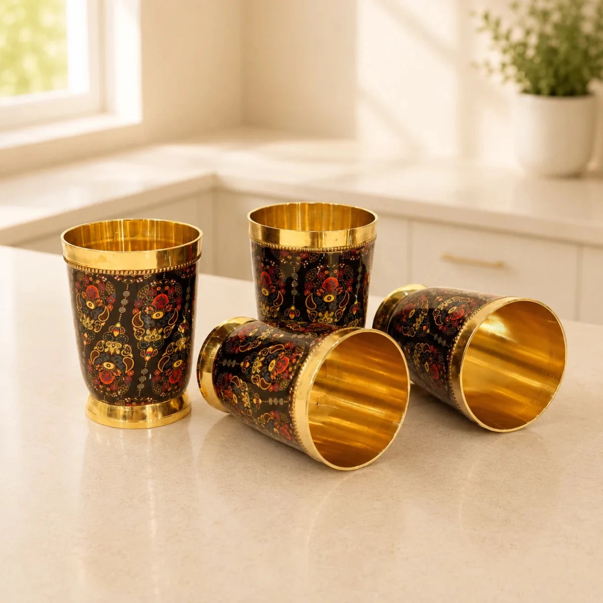 Colorful Enamel Finish Brass Glass Set - Set of 4 - Royalstuffs.com