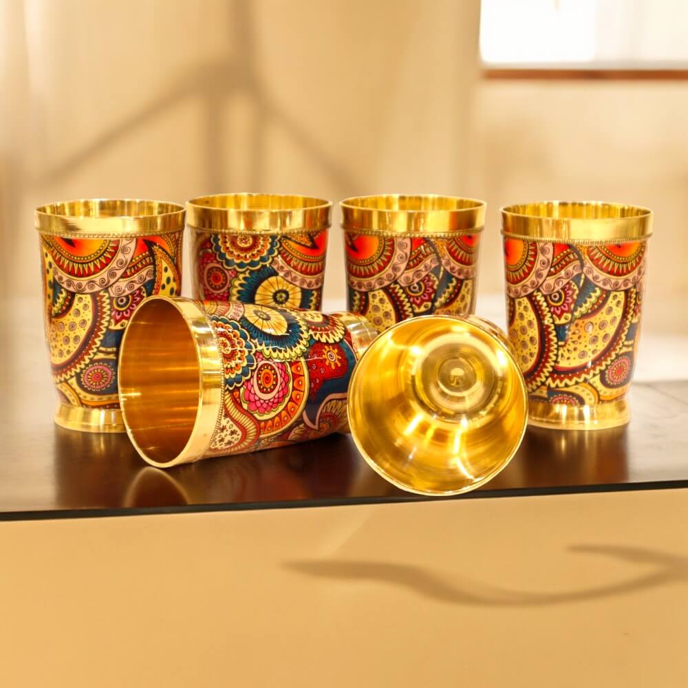 Colorful Enamel Finish Brass Glass Set - Set of 6 - Royalstuffs.com