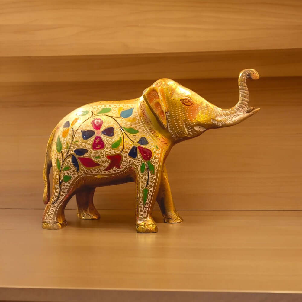 Colorful Hand Painted Unique Brass Elephant Showpiece - 8 Inch Height, 2 kg - Royalstuffs.com