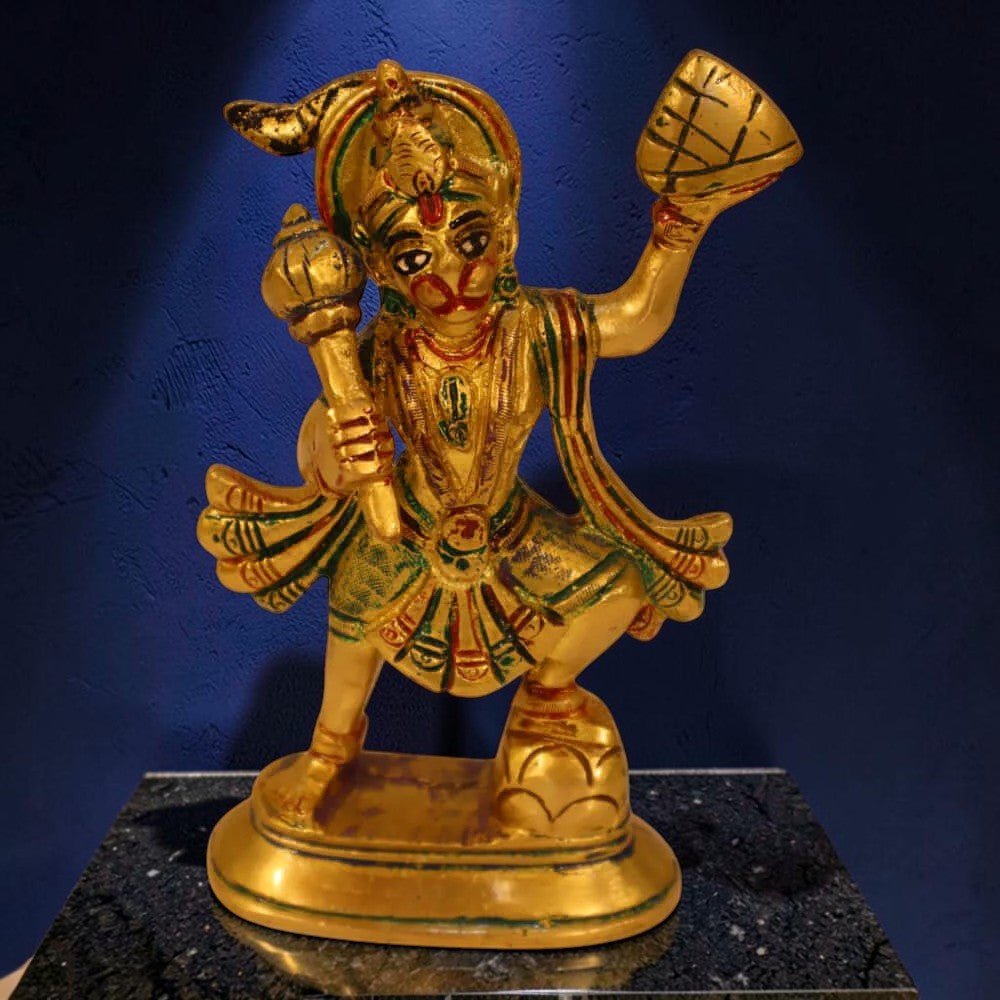 Coloured Brass Hanuman Parvat Standing Statue Idol - 6 Inch - Royalstuffs.com
