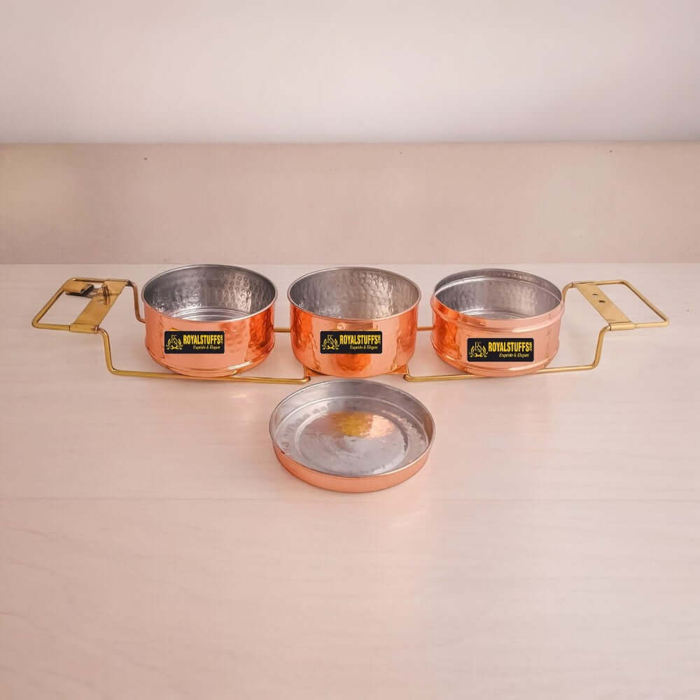Copper 3 Tier with Tin Lining Three Compartments Office Tiffin Lunch Box by RoyalStuffs.com - Royalstuffs.com