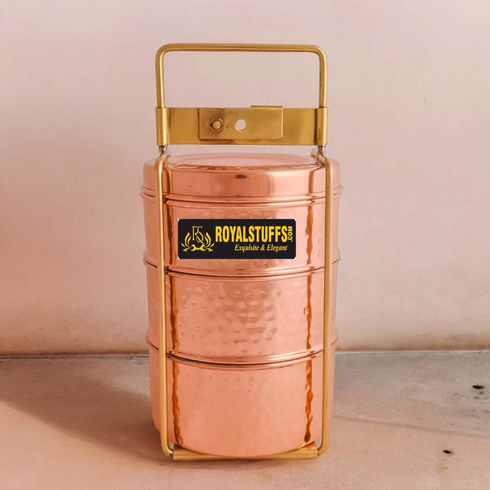 Copper 3 Tier with Tin Lining Three Compartments Office Tiffin Lunch Box by RoyalStuffs.com - Royalstuffs.com
