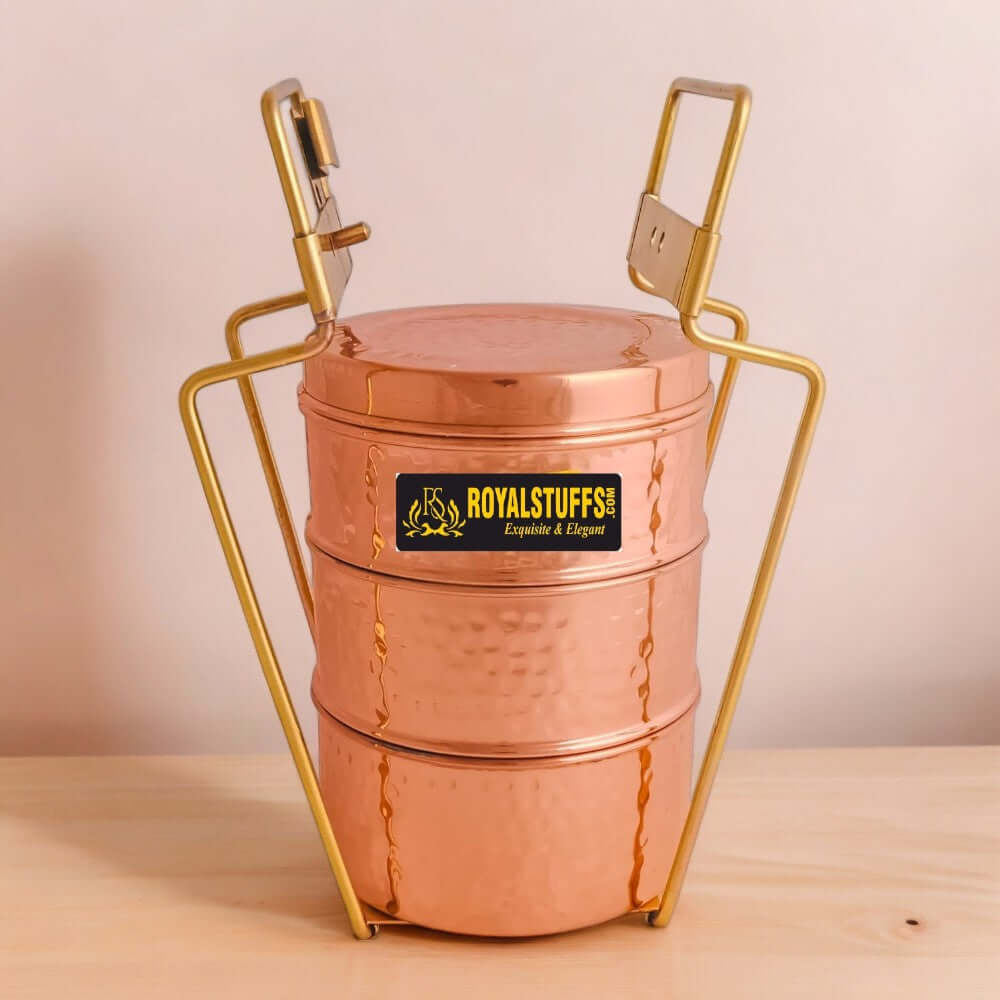 Copper 3 Tier with Tin Lining Three Compartments Office Tiffin Lunch Box by RoyalStuffs.com - Royalstuffs.com
