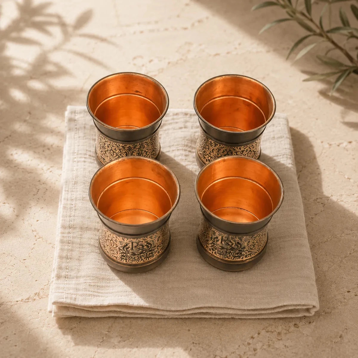 Copper Glass Kashmiri Design Set Of 4 - Royalstuffs.com