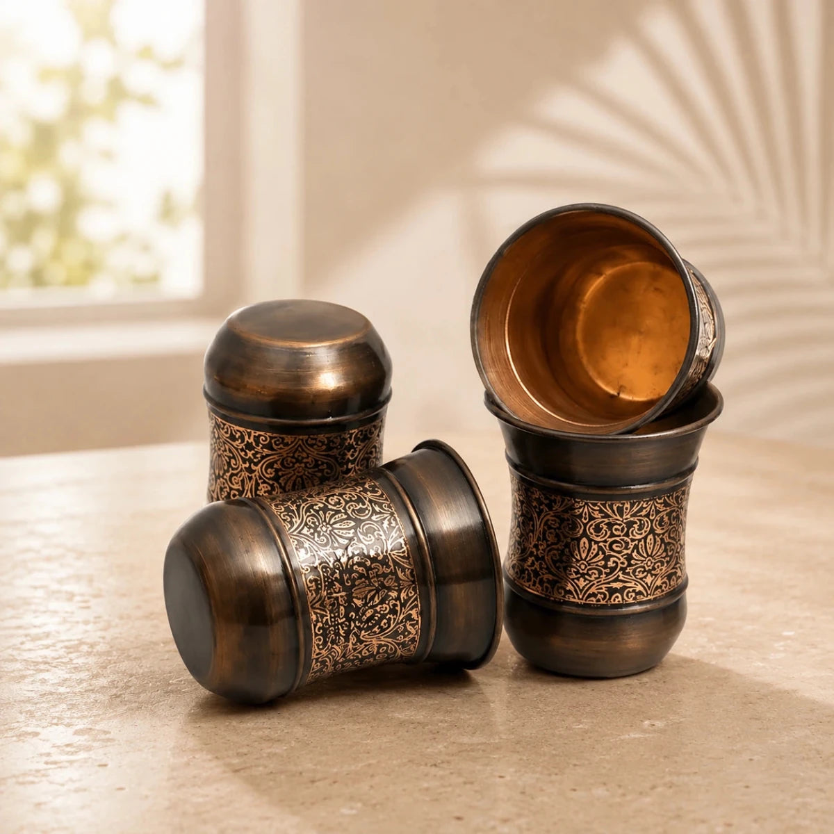 Copper Glass Kashmiri Design Set Of 4 - Royalstuffs.com