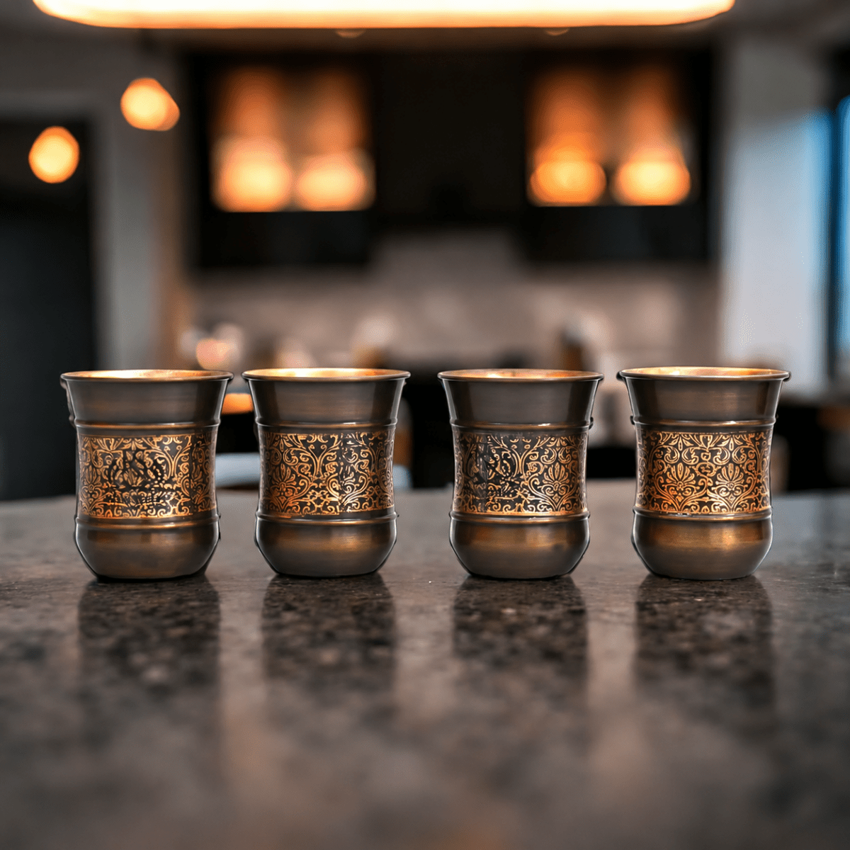 Copper Glass Kashmiri Design Set Of 4 - Royalstuffs.com