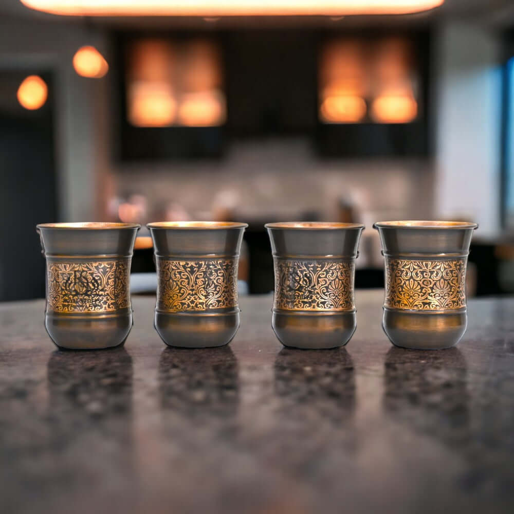 Copper Glass Kashmiri Design Set Of 4 - Royalstuffs.com