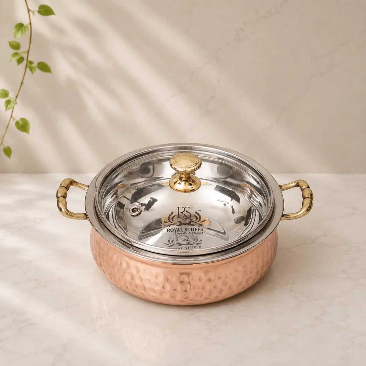 Copper Hammered Design Handi with Glass Lid, 400 ML - Royalstuffs.com