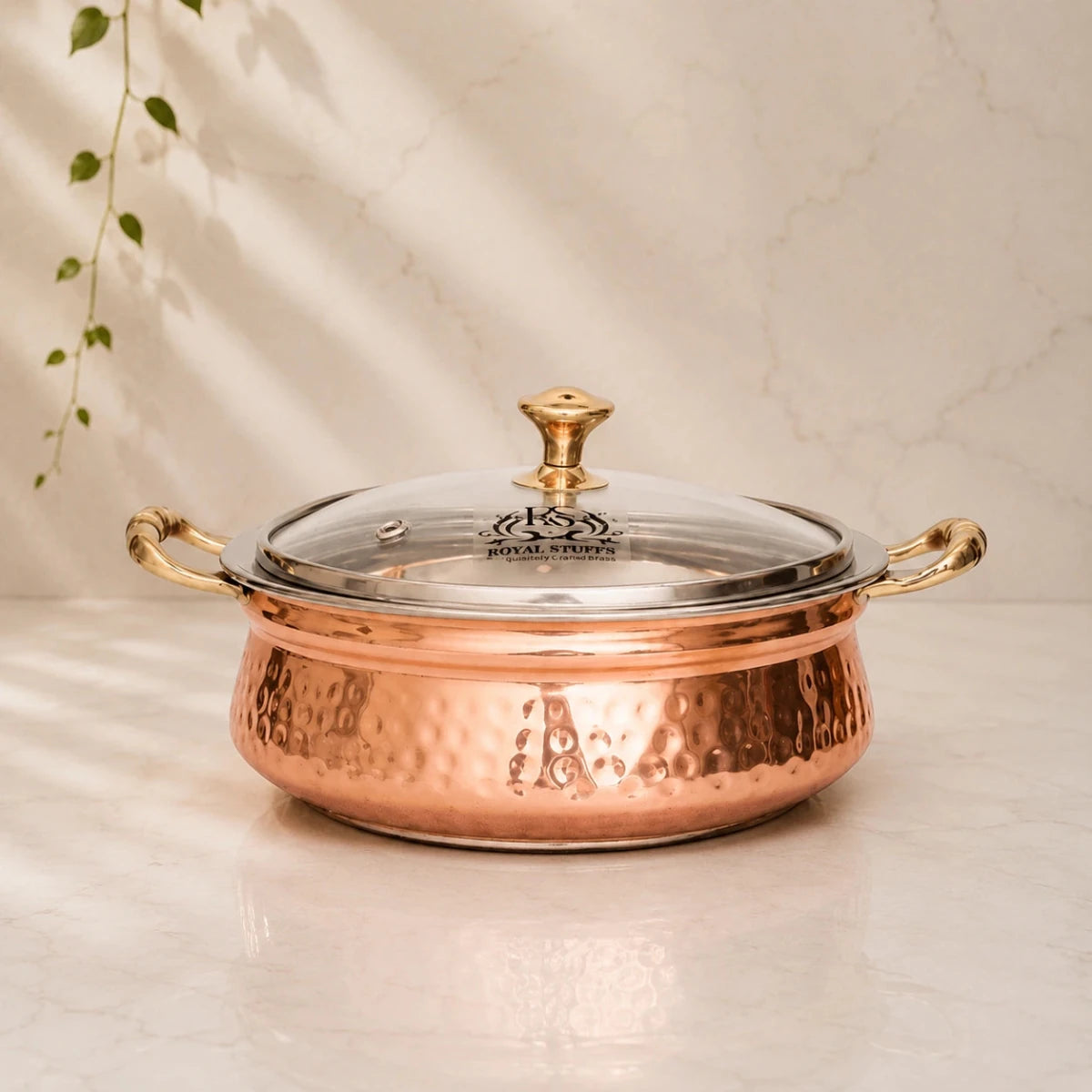 Copper Hammered Design Handi with Glass Lid, 400 ML - Royalstuffs.com